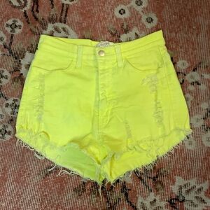 Vibrant Neon Yellow High-Rise Distressed Women's Shorts